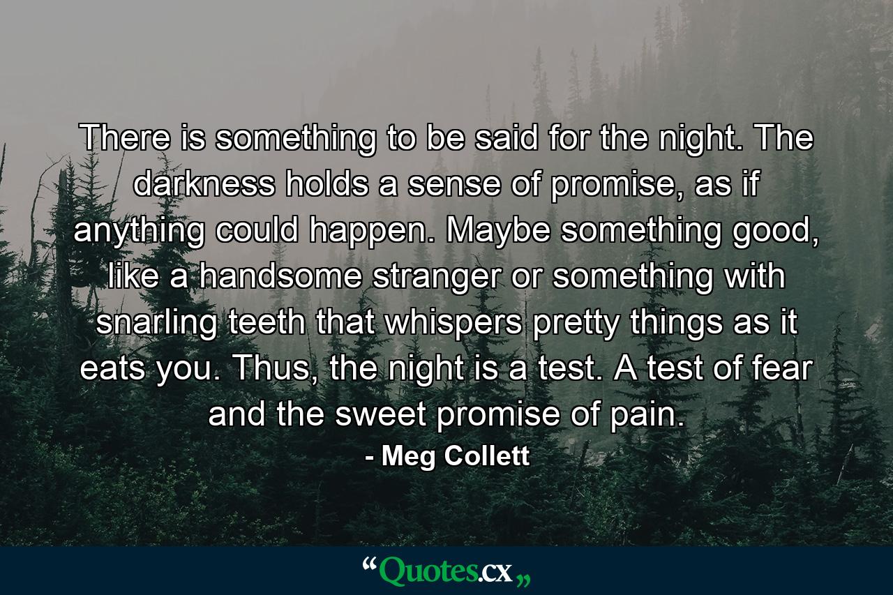 There is something to be said for the night. The darkness holds a sense of promise, as if anything could happen. Maybe something good, like a handsome stranger or something with snarling teeth that whispers pretty things as it eats you. Thus, the night is a test. A test of fear and the sweet promise of pain. - Quote by Meg Collett