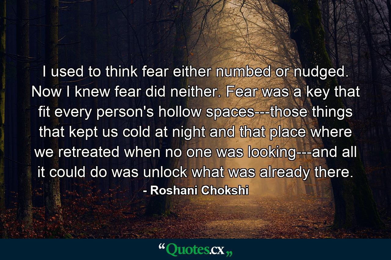 I used to think fear either numbed or nudged. Now I knew fear did neither. Fear was a key that fit every person's hollow spaces---those things that kept us cold at night and that place where we retreated when no one was looking---and all it could do was unlock what was already there. - Quote by Roshani Chokshi