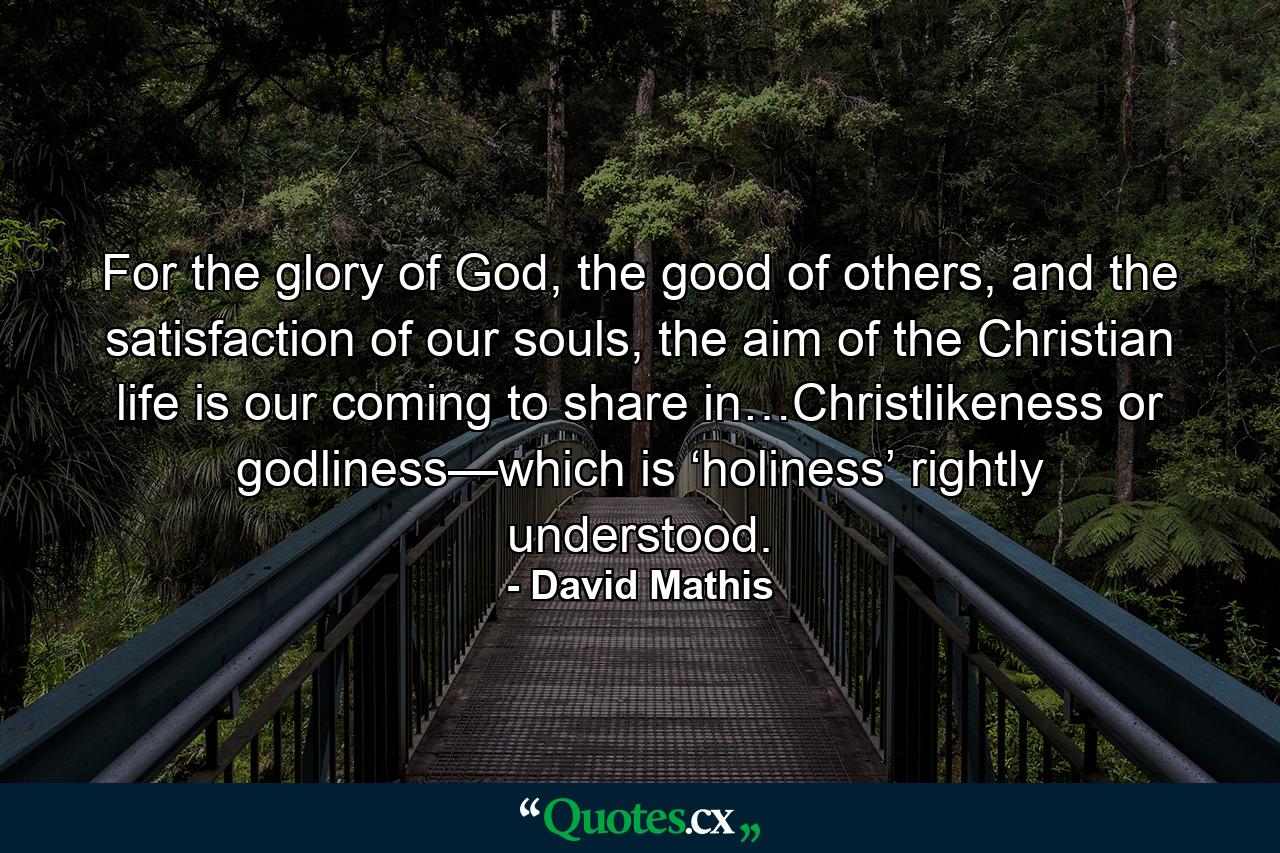 For the glory of God, the good of others, and the satisfaction of our souls, the aim of the Christian life is our coming to share in…Christlikeness or godliness—which is ‘holiness’ rightly understood. - Quote by David Mathis