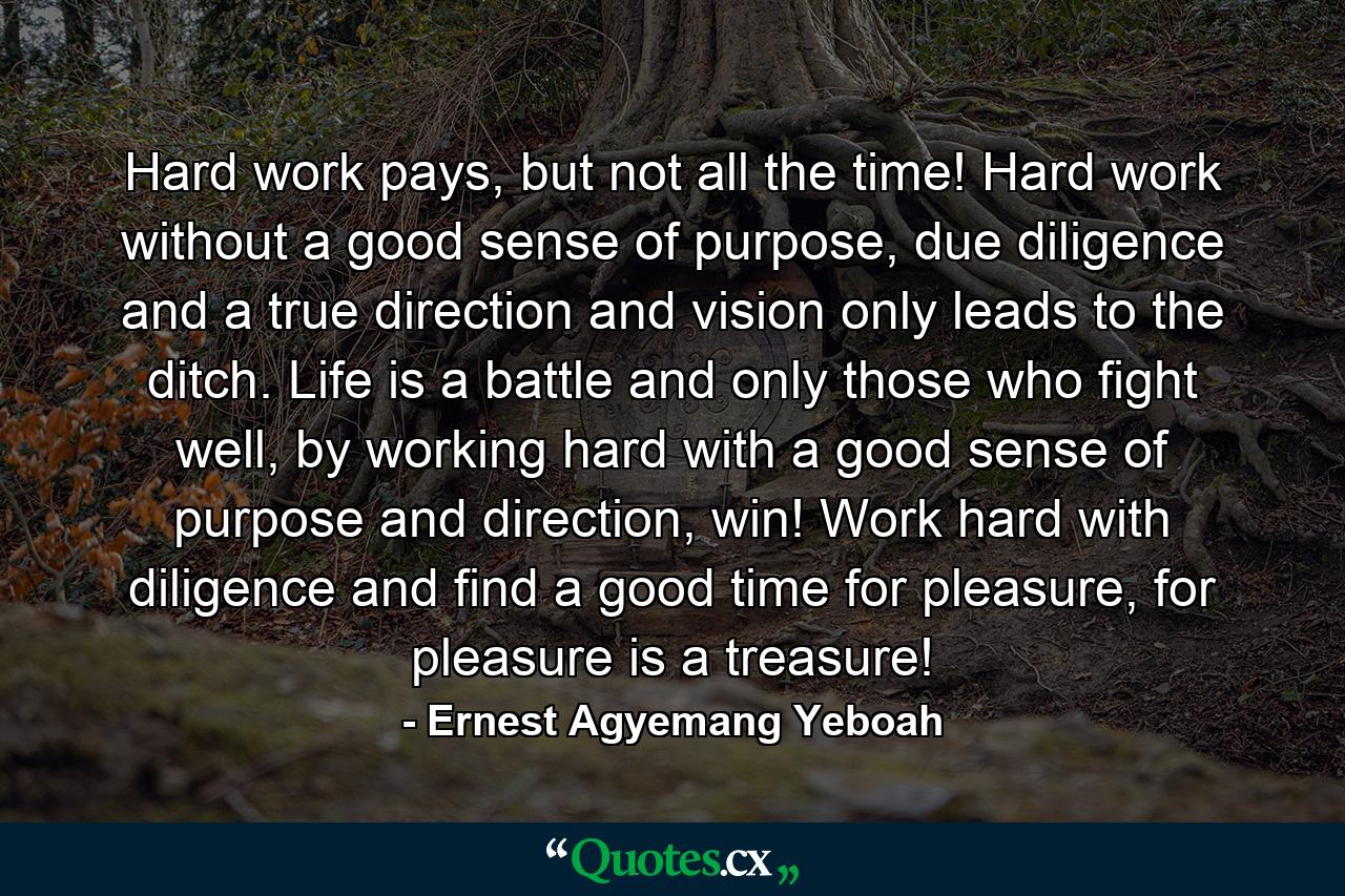 Hard work pays, but not all the time! Hard work without a good sense of purpose, due diligence and a true direction and vision only leads to the ditch. Life is a battle and only those who fight well, by working hard with a good sense of purpose and direction, win! Work hard with diligence and find a good time for pleasure, for pleasure is a treasure! - Quote by Ernest Agyemang Yeboah