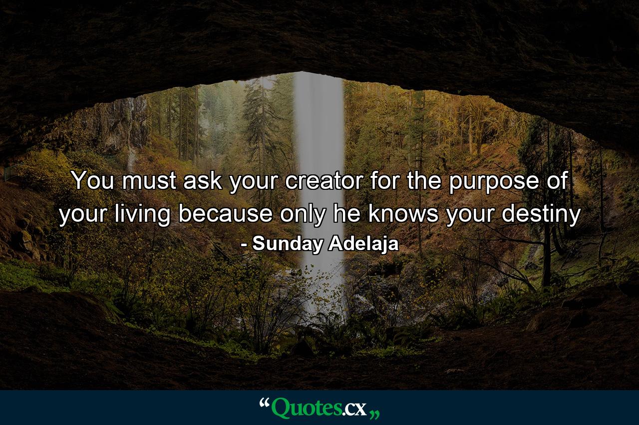 You must ask your creator for the purpose of your living because only he knows your destiny - Quote by Sunday Adelaja