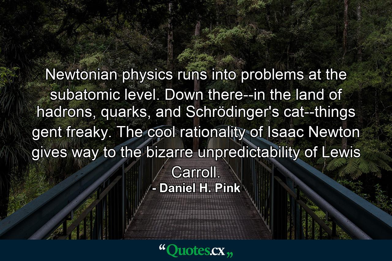 Newtonian physics runs into problems at the subatomic level. Down there--in the land of hadrons, quarks, and Schrödinger's cat--things gent freaky. The cool rationality of Isaac Newton gives way to the bizarre unpredictability of Lewis Carroll. - Quote by Daniel H. Pink