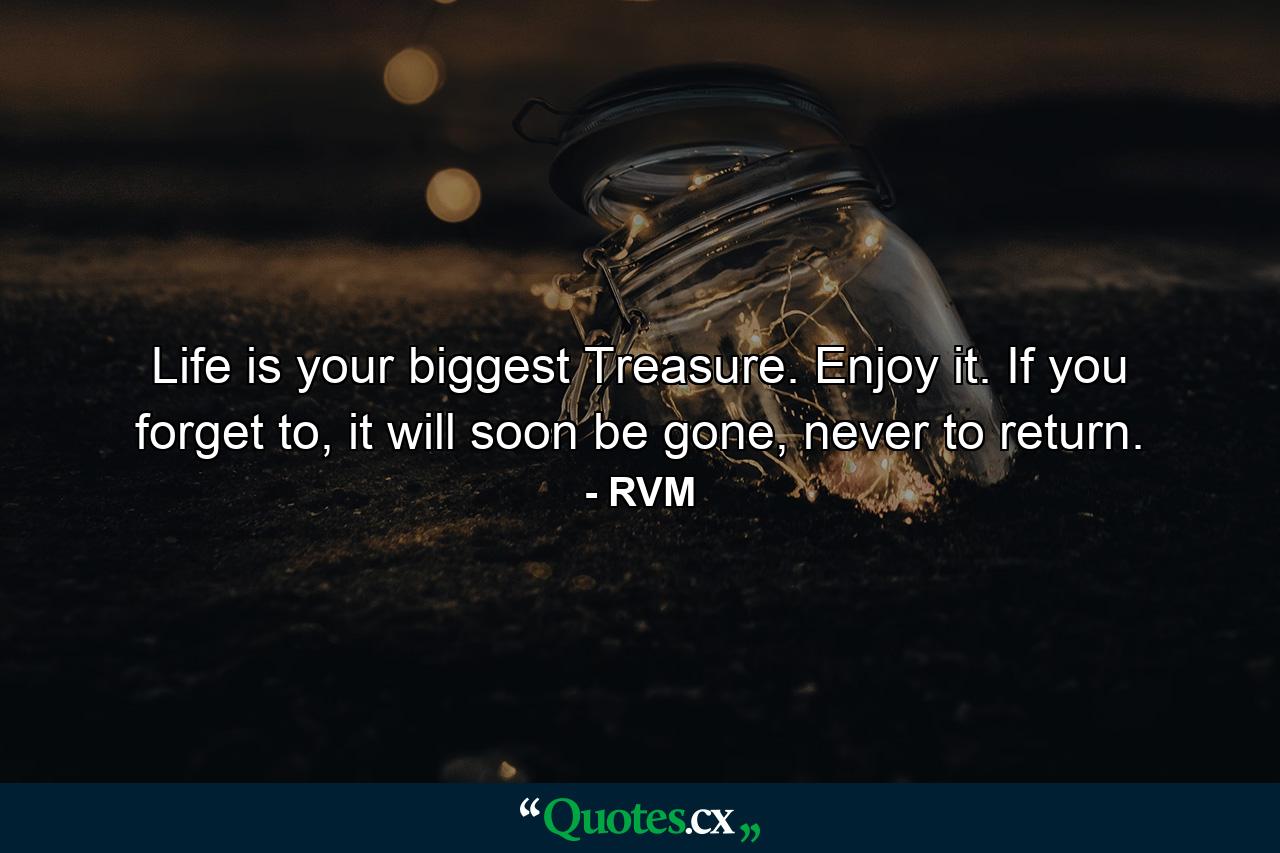 Life is your biggest Treasure. Enjoy it. If you forget to, it will soon be gone, never to return. - Quote by RVM