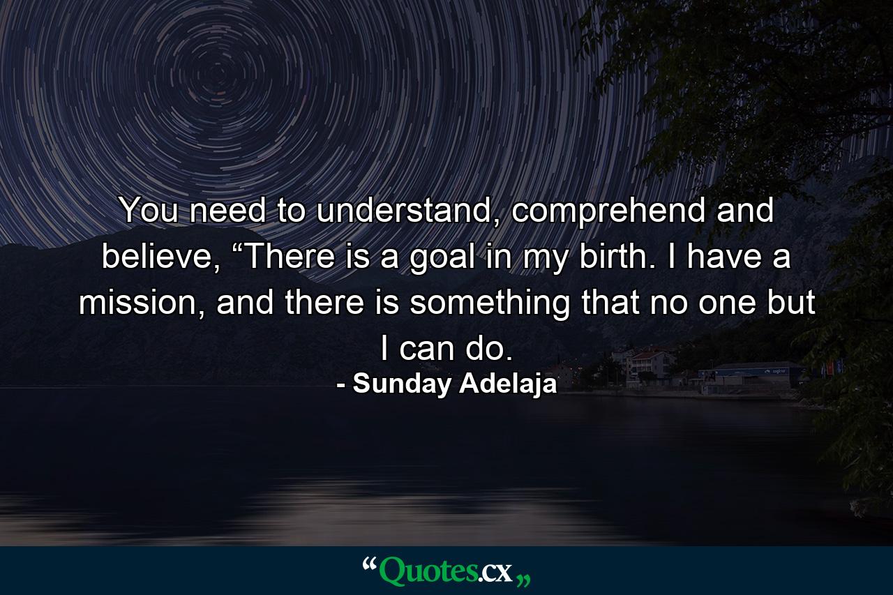 You need to understand, comprehend and believe, “There is a goal in my birth. I have a mission, and there is something that no one but I can do. - Quote by Sunday Adelaja