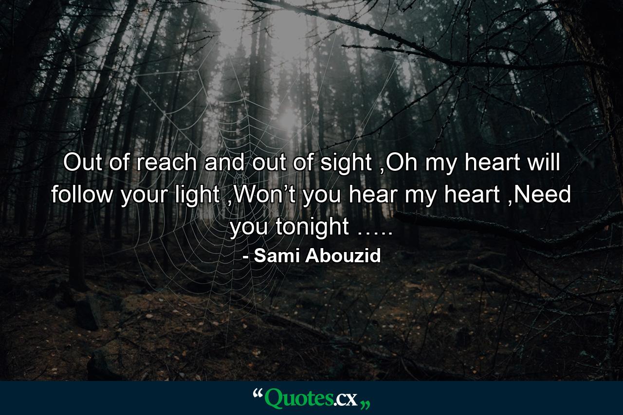 Out of reach and out of sight ,Oh my heart will follow your light ,Won’t you hear my heart ,Need you tonight ….. - Quote by Sami Abouzid