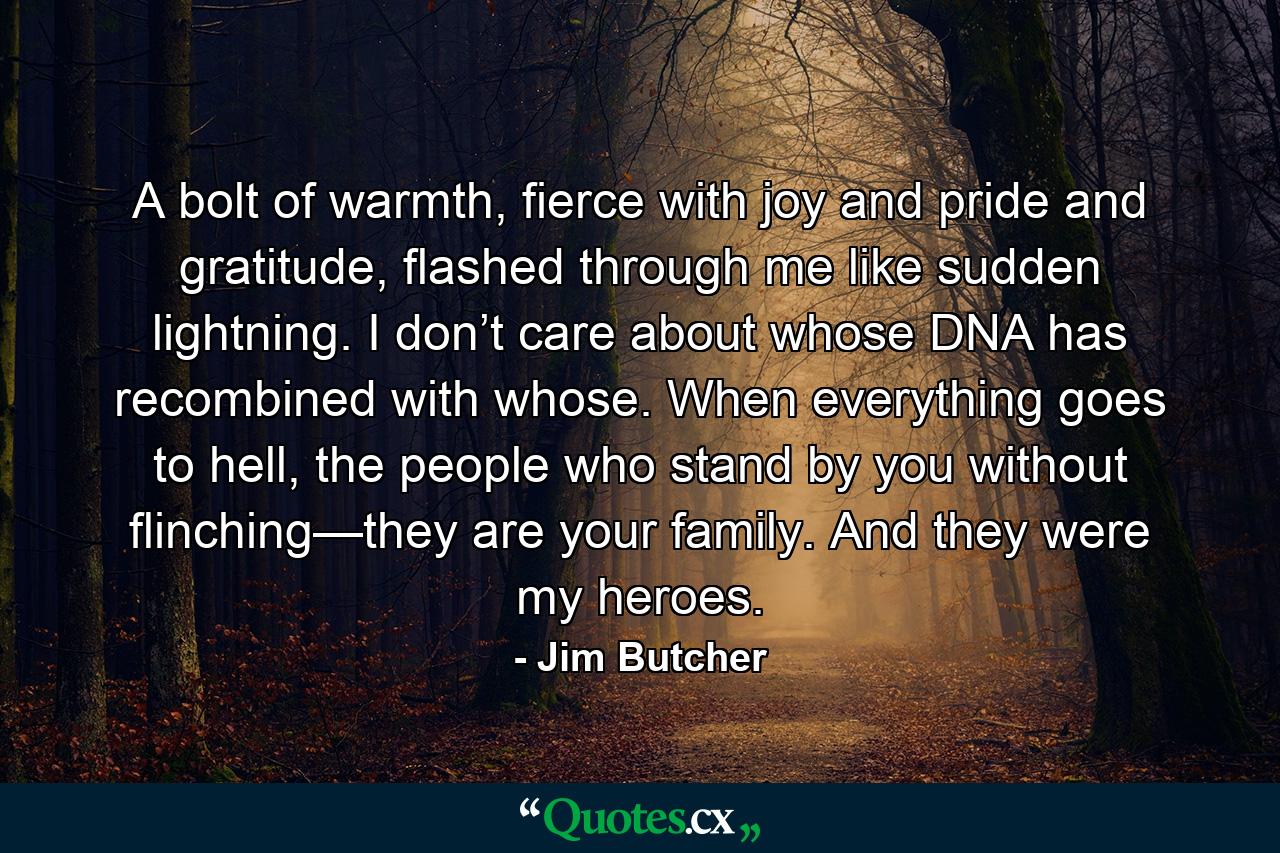 A bolt of warmth, fierce with joy and pride and gratitude, flashed through me like sudden lightning. I don’t care about whose DNA has recombined with whose. When everything goes to hell, the people who stand by you without flinching—they are your family. And they were my heroes. - Quote by Jim Butcher