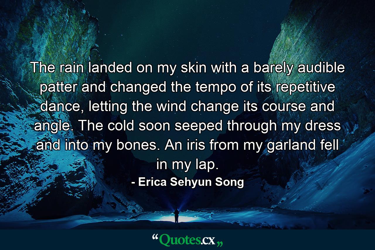 The rain landed on my skin with a barely audible patter and changed the tempo of its repetitive dance, letting the wind change its course and angle. The cold soon seeped through my dress and into my bones. An iris from my garland fell in my lap. - Quote by Erica Sehyun Song