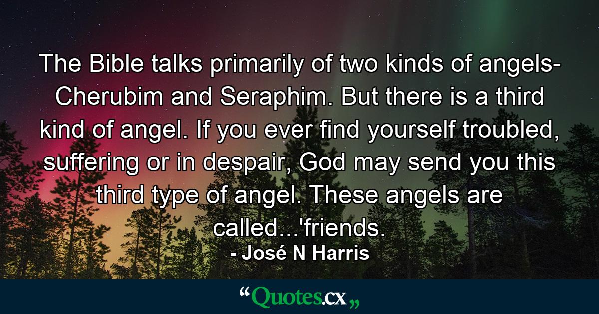 The Bible talks primarily of two kinds of angels- Cherubim and Seraphim. But there is a third kind of angel. If you ever find yourself troubled, suffering or in despair, God may send you this third type of angel. These angels are called...'friends. - Quote by José N Harris