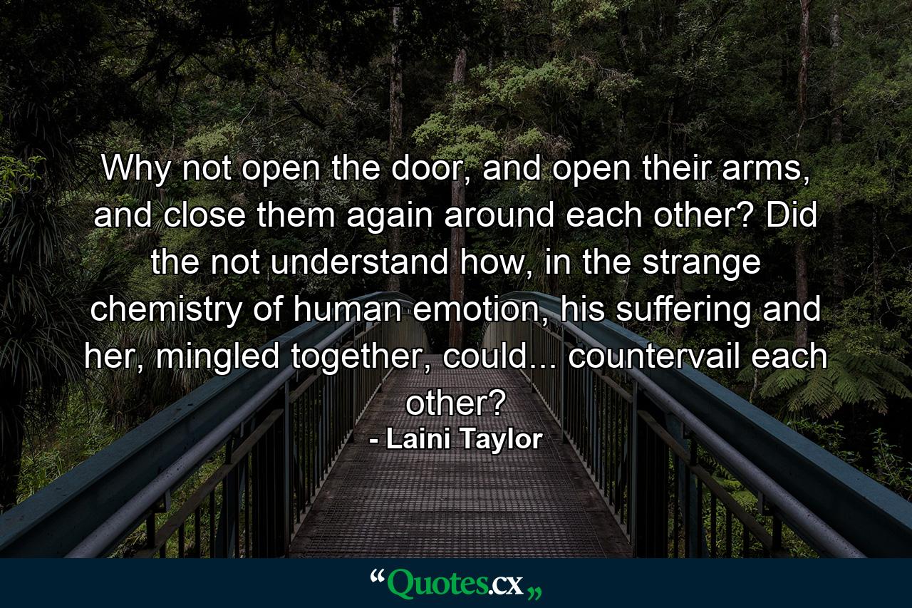 Why not open the door, and open their arms, and close them again around each other? Did the not understand how, in the strange chemistry of human emotion, his suffering and her, mingled together, could... countervail each other? - Quote by Laini Taylor