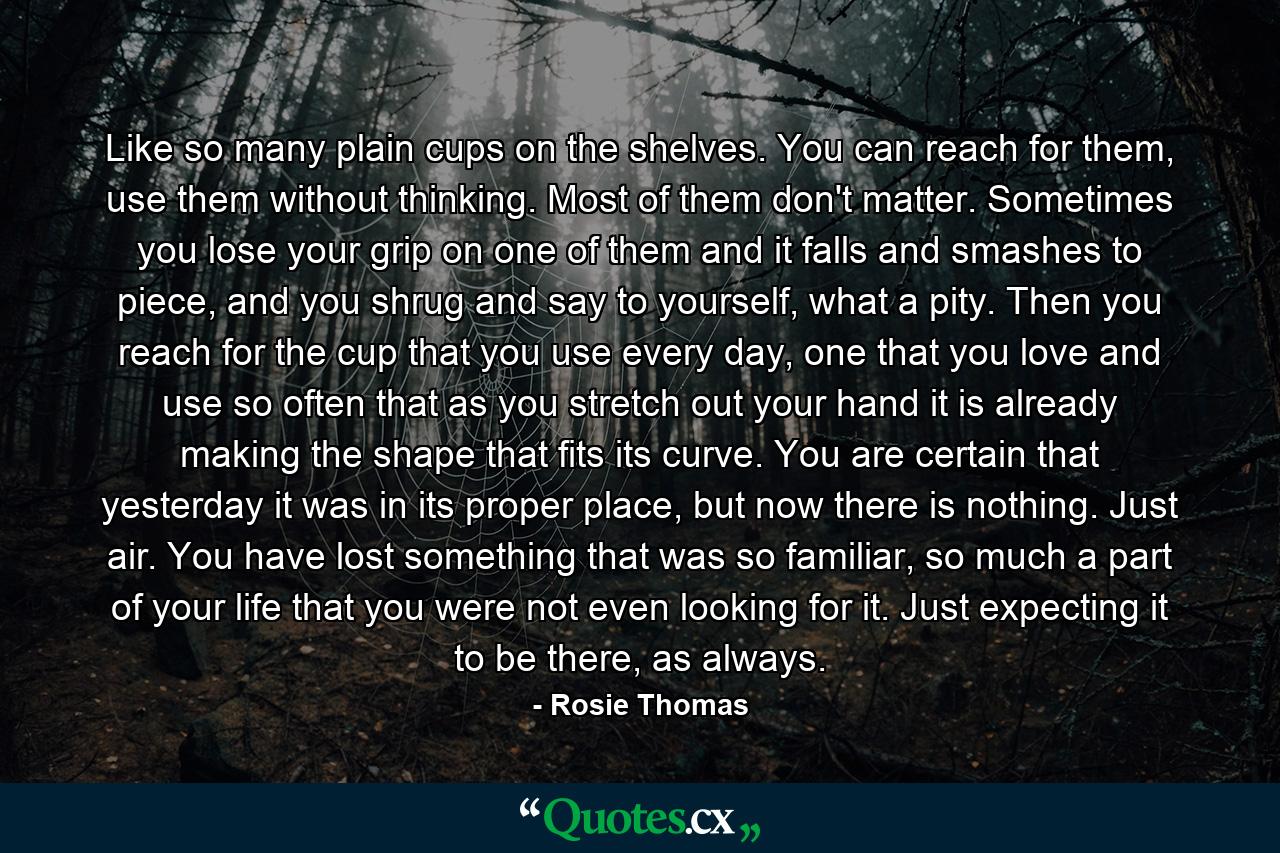 Like so many plain cups on the shelves. You can reach for them, use them without thinking. Most of them don't matter. Sometimes you lose your grip on one of them and it falls and smashes to piece, and you shrug and say to yourself, what a pity. Then you reach for the cup that you use every day, one that you love and use so often that as you stretch out your hand it is already making the shape that fits its curve. You are certain that yesterday it was in its proper place, but now there is nothing. Just air. You have lost something that was so familiar, so much a part of your life that you were not even looking for it. Just expecting it to be there, as always. - Quote by Rosie Thomas