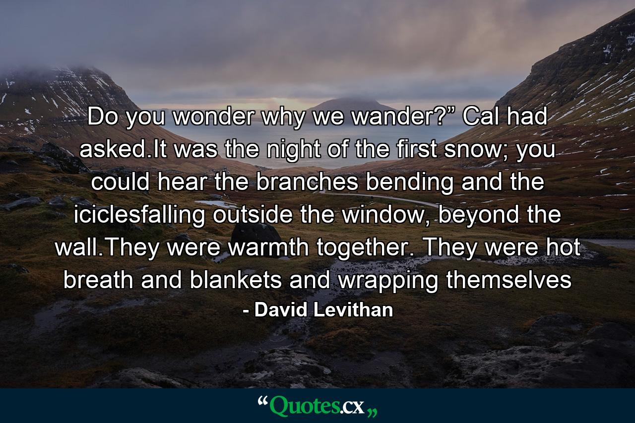 Do you wonder why we wander?” Cal had asked.It was the night of the first snow; you could hear the branches bending and the iciclesfalling outside the window, beyond the wall.They were warmth together. They were hot breath and blankets and wrapping themselves - Quote by David Levithan