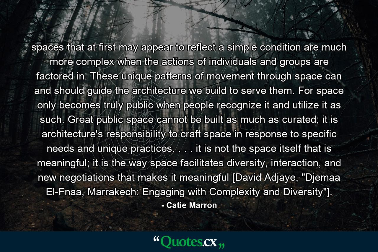 spaces that at first may appear to reflect a simple condition are much more complex when the actions of individuals and groups are factored in. These unique patterns of movement through space can and should guide the architecture we build to serve them. For space only becomes truly public when people recognize it and utilize it as such. Great public space cannot be built as much as curated; it is architecture's responsibility to craft space in response to specific needs and unique practices. . . . it is not the space itself that is meaningful; it is the way space facilitates diversity, interaction, and new negotiations that makes it meaningful [David Adjaye, 