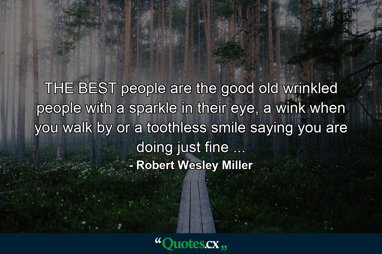 THE BEST people are the good old wrinkled people with a sparkle in their eye, a wink when you walk by or a toothless smile saying you are doing just fine ... - Quote by Robert Wesley Miller