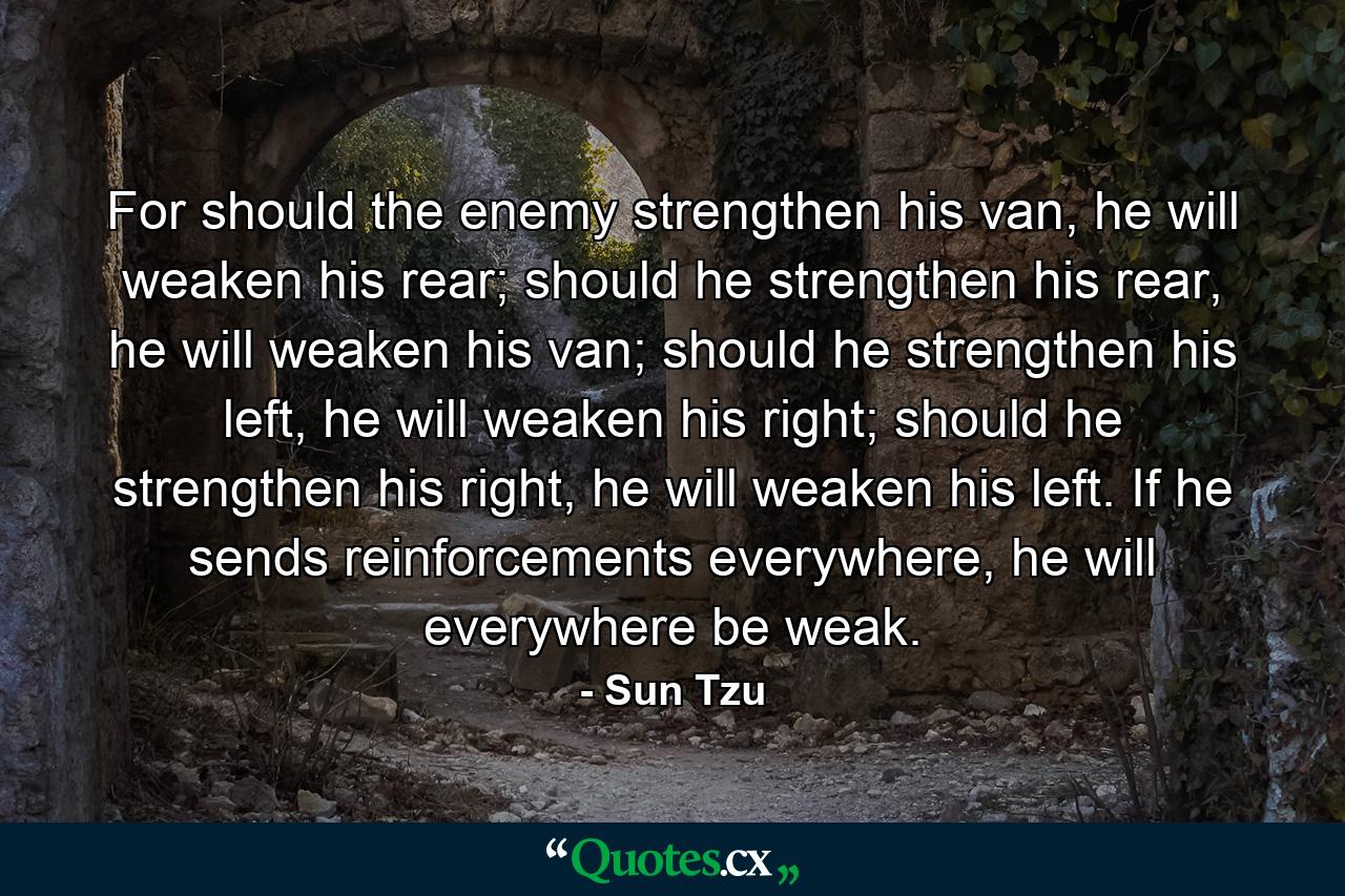 For should the enemy strengthen his van, he will weaken his rear; should he strengthen his rear, he will weaken his van; should he strengthen his left, he will weaken his right; should he strengthen his right, he will weaken his left. If he sends reinforcements everywhere, he will everywhere be weak. - Quote by Sun Tzu