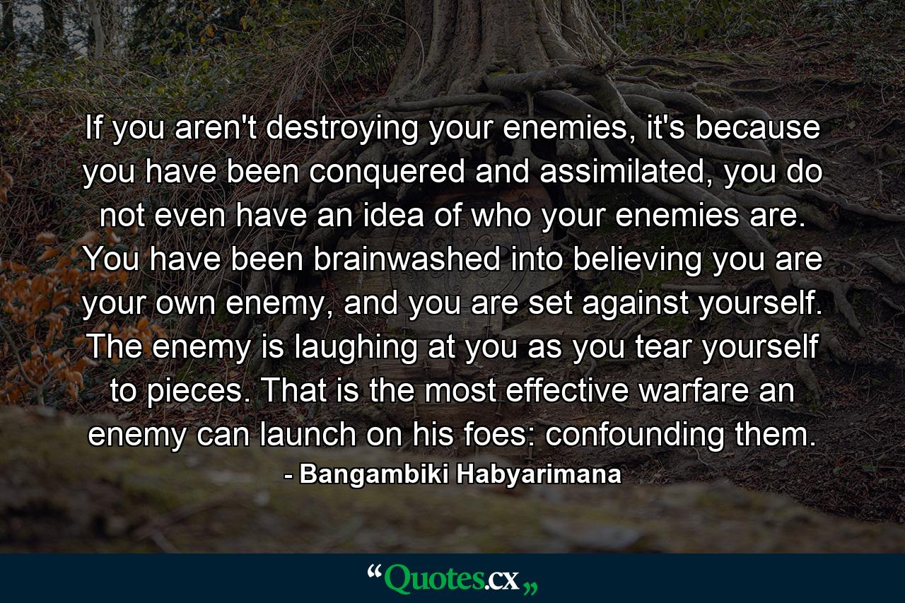 If you aren't destroying your enemies, it's because you have been conquered and assimilated, you do not even have an idea of who your enemies are. You have been brainwashed into believing you are your own enemy, and you are set against yourself. The enemy is laughing at you as you tear yourself to pieces. That is the most effective warfare an enemy can launch on his foes: confounding them. - Quote by Bangambiki Habyarimana