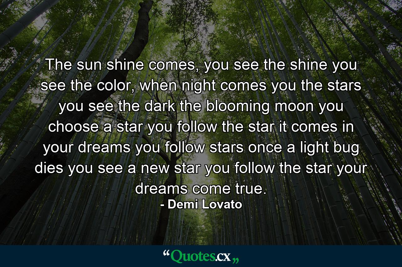 The sun shine comes, you see the shine you see the color, when night comes you the stars you see the dark the blooming moon you choose a star you follow the star it comes in your dreams you follow stars once a light bug dies you see a new star you follow the star your dreams come true. - Quote by Demi Lovato