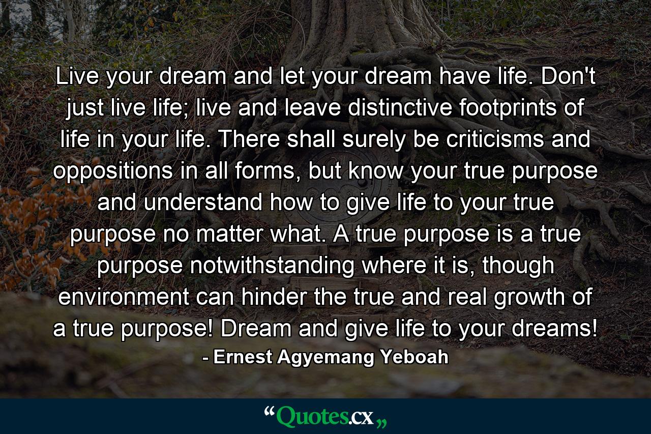 Live your dream and let your dream have life. Don't just live life; live and leave distinctive footprints of life in your life. There shall surely be criticisms and oppositions in all forms, but know your true purpose and understand how to give life to your true purpose no matter what. A true purpose is a true purpose notwithstanding where it is, though environment can hinder the true and real growth of a true purpose! Dream and give life to your dreams! - Quote by Ernest Agyemang Yeboah