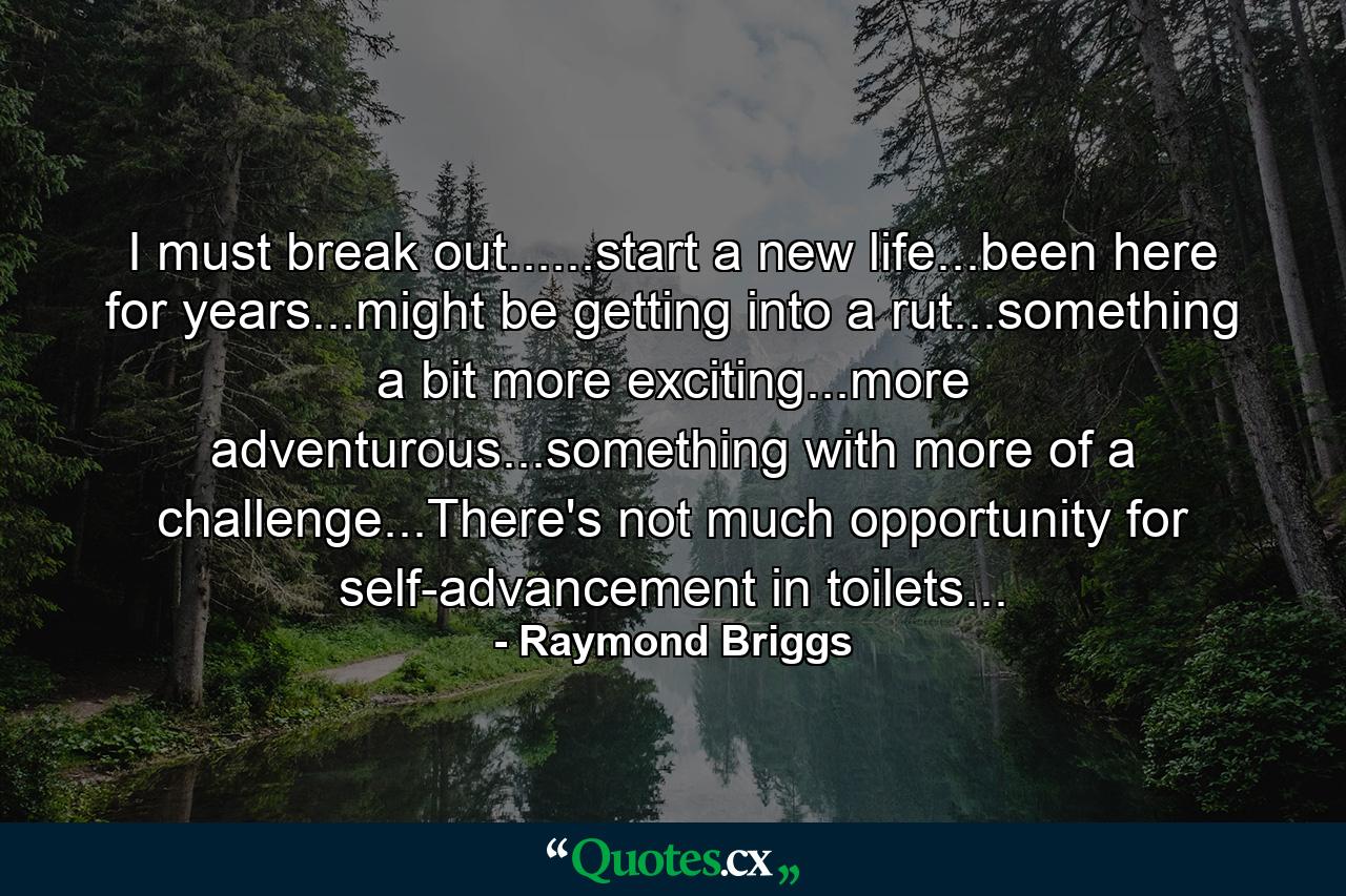 I must break out......start a new life...been here for years...might be getting into a rut...something a bit more exciting...more adventurous...something with more of a challenge...There's not much opportunity for self-advancement in toilets... - Quote by Raymond Briggs