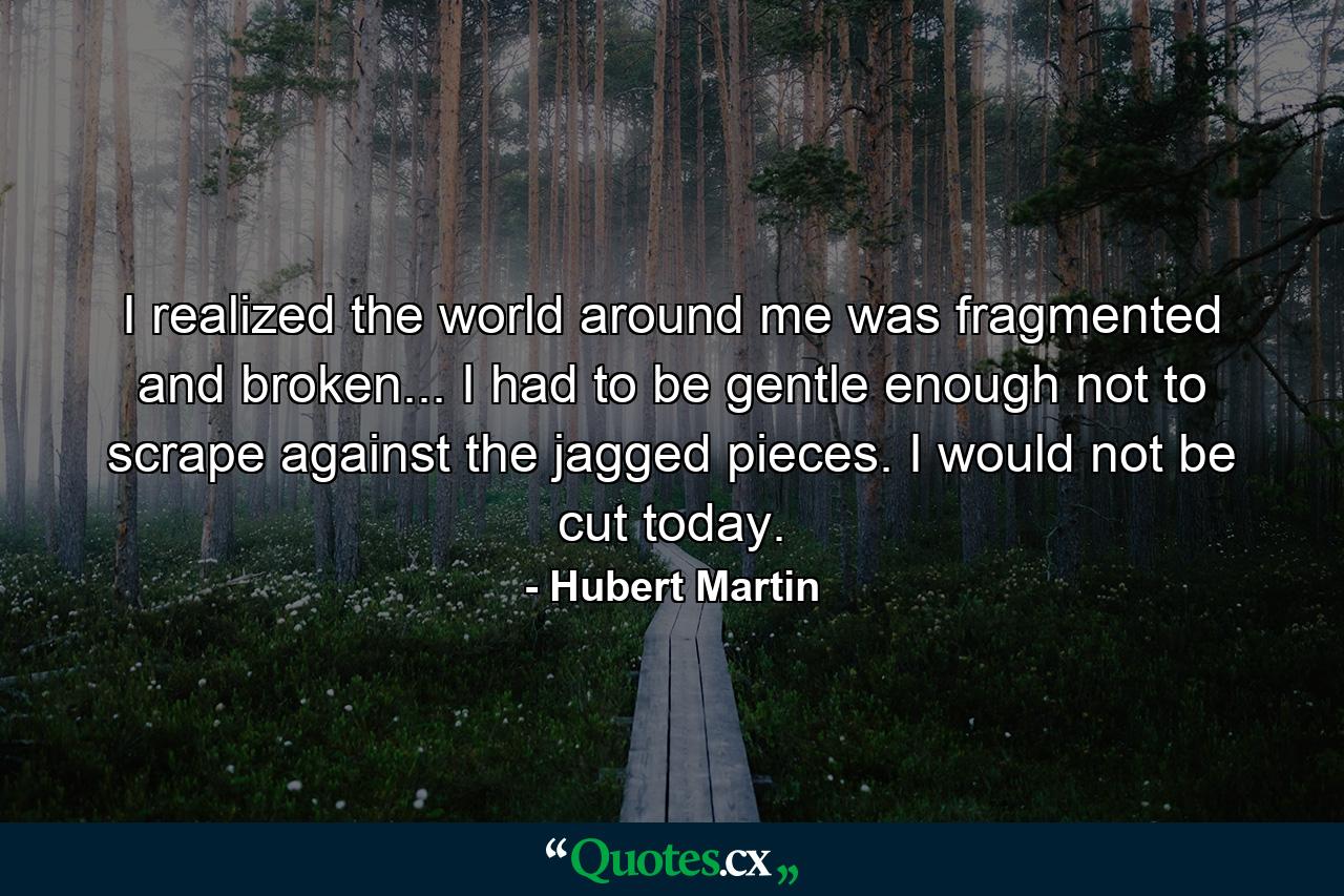 I realized the world around me was fragmented and broken... I had to be gentle enough not to scrape against the jagged pieces. I would not be cut today. - Quote by Hubert Martin