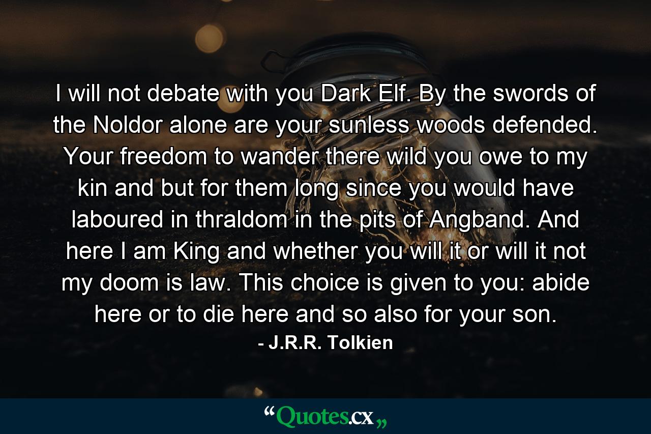 I will not debate with you Dark Elf. By the swords of the Noldor alone are your sunless woods defended. Your freedom to wander there wild you owe to my kin and but for them long since you would have laboured in thraldom in the pits of Angband. And here I am King and whether you will it or will it not my doom is law. This choice is given to you: abide here or to die here and so also for your son. - Quote by J.R.R. Tolkien