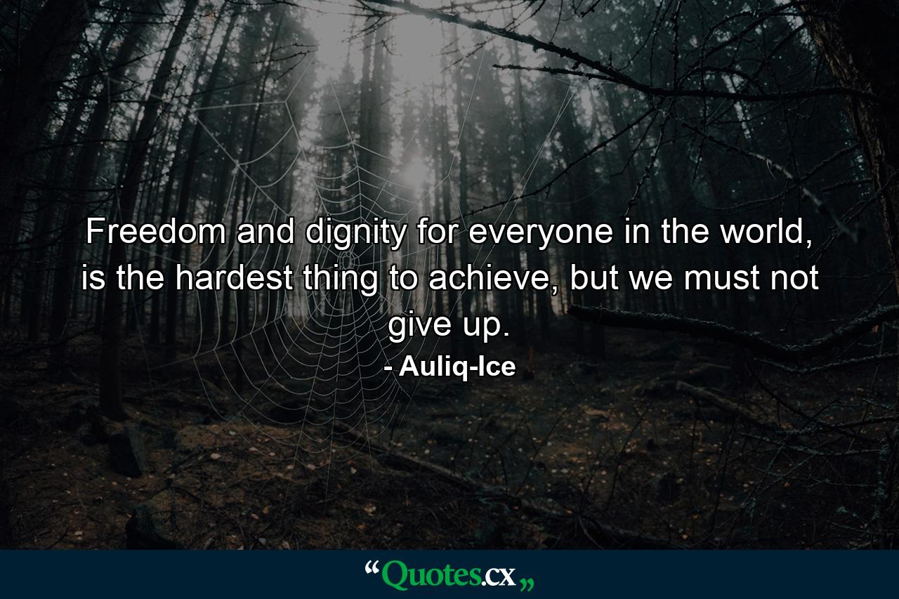 Freedom and dignity for everyone in the world, is the hardest thing to achieve, but we must not give up. - Quote by Auliq-Ice