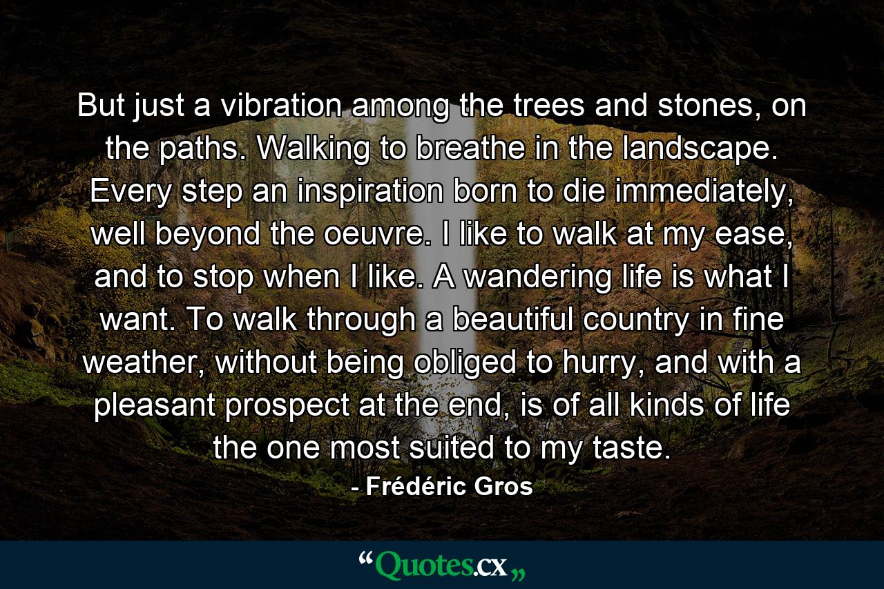 But just a vibration among the trees and stones, on the paths. Walking to breathe in the landscape. Every step an inspiration born to die immediately, well beyond the oeuvre. I like to walk at my ease, and to stop when I like. A wandering life is what I want. To walk through a beautiful country in fine weather, without being obliged to hurry, and with a pleasant prospect at the end, is of all kinds of life the one most suited to my taste. - Quote by Frédéric Gros