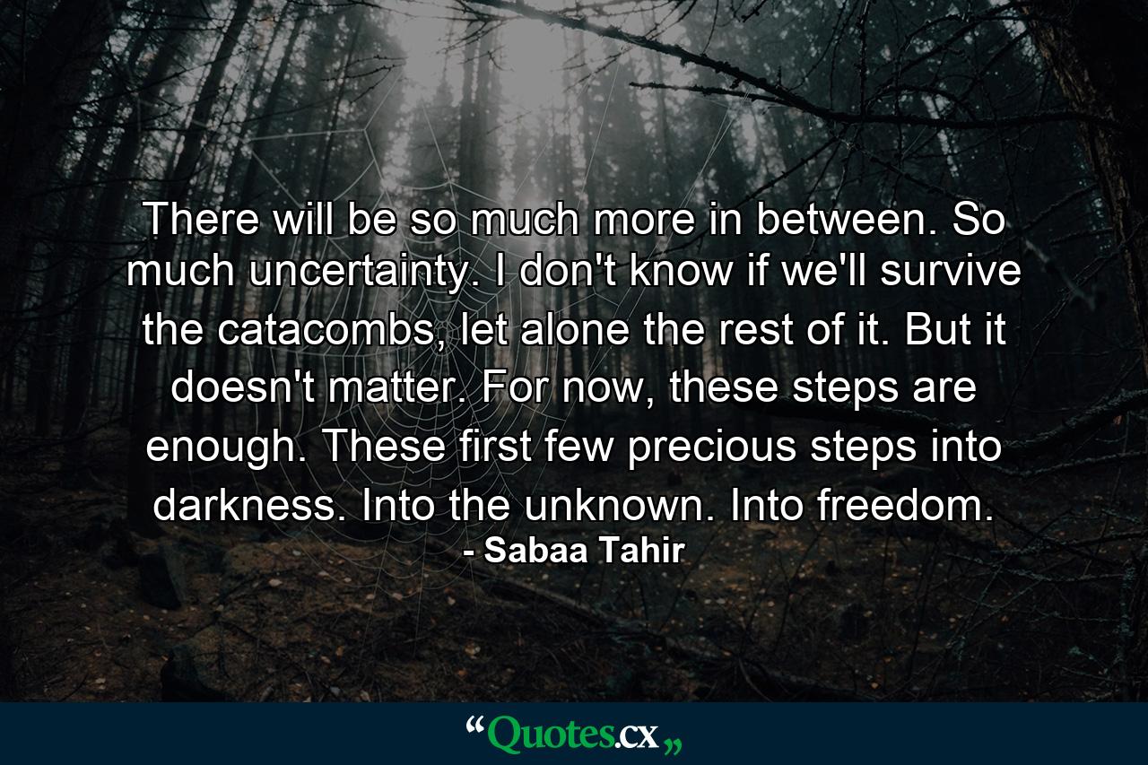 There will be so much more in between. So much uncertainty. I don't know if we'll survive the catacombs, let alone the rest of it. But it doesn't matter. For now, these steps are enough. These first few precious steps into darkness. Into the unknown. Into freedom. - Quote by Sabaa Tahir